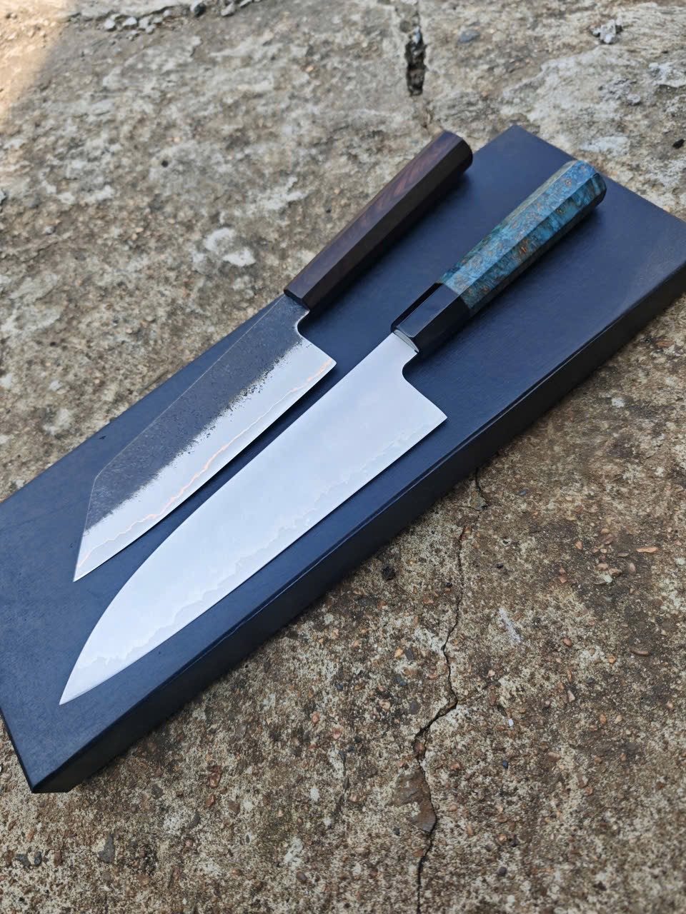 Bộ 2 dao bếp Bunka Kurouchi Vân đồng Lõi thép bột M390 165mm & Gyuto 3 lớp Migaki Lõi thép bột M390 210mm Cán gỗ ổn định