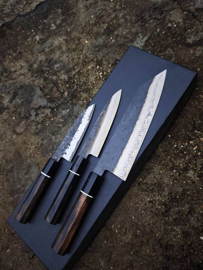 Bộ 3 dao kurouchi lõi thép carbon 52100 cán gỗ đen