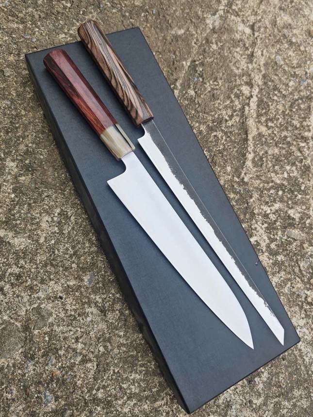 Bộ dao Gyuto 3 lớp Migaki Lõi thép M390 230mm & Sujihiki Kiritsuke Kurouchi 270mm