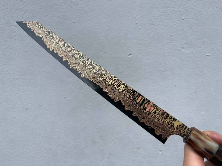 Sujihiki Kiritsuke Damascus vân đồng vàng Lõi 52100