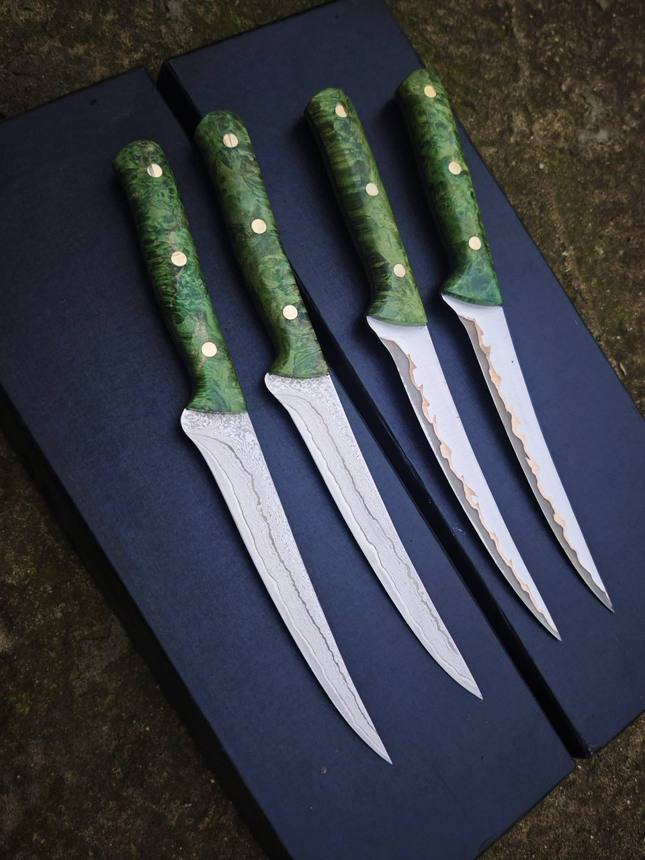 Bộ dao phi lê cán fulltang gỗ ổn định xanh lá Vân đồng lõi thép 52100 và Damascus lõi M390